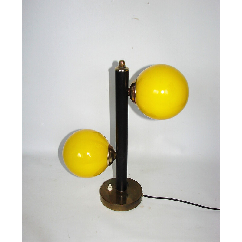 Oude bureaulamp van messing, metaal en glas, jaren 1960