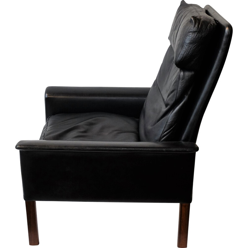 CS furniture black leather and rosewood armchair, Hans OLSEN - 1960s