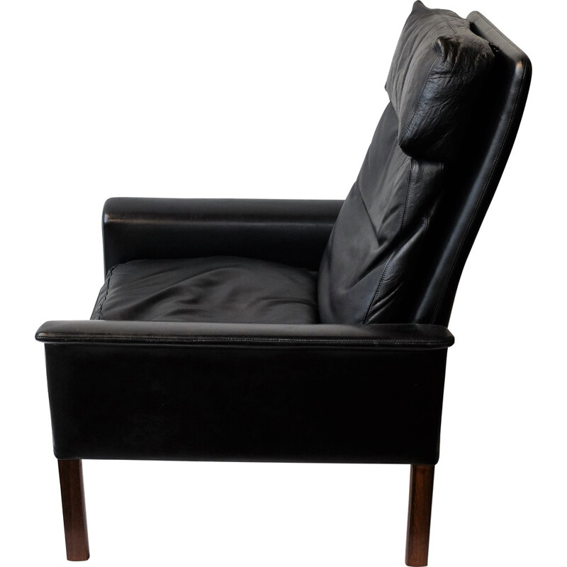 Fauteuil en cuir noir et palissandre CS furniture, Hans OLSEN - 1960