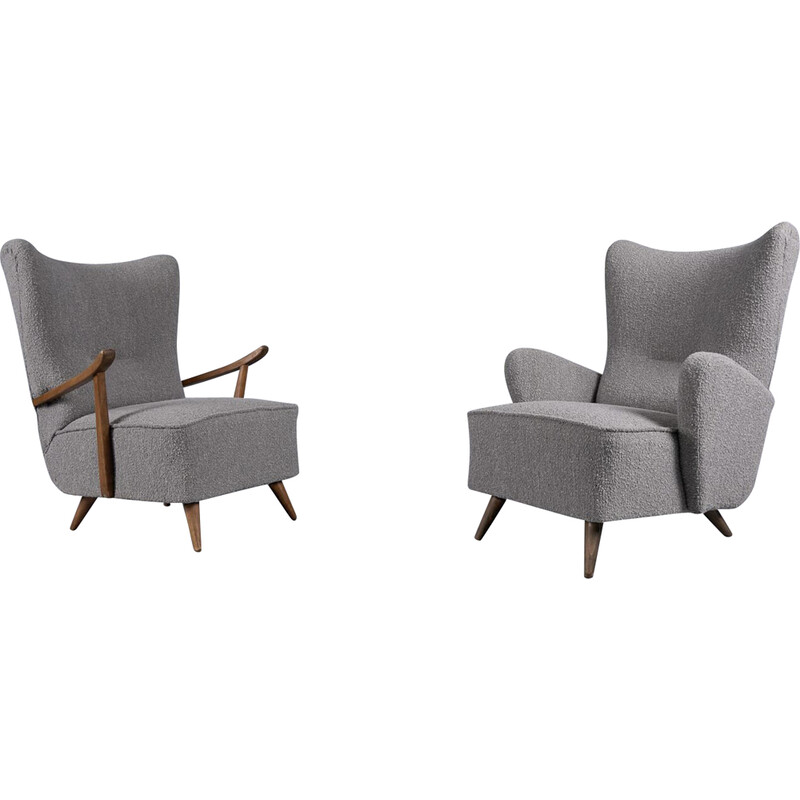 Pair of vintage wingback armchairs in grey boucle fabric, 1950s