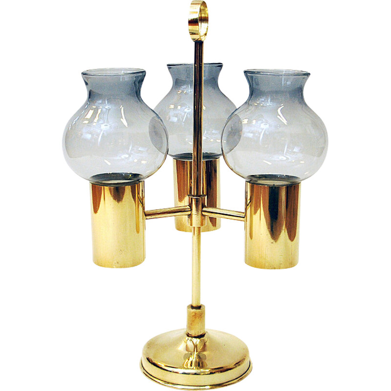 Norwegian vintage brass candlestick with three arms and smoked shades by Odel Messing, 1960s