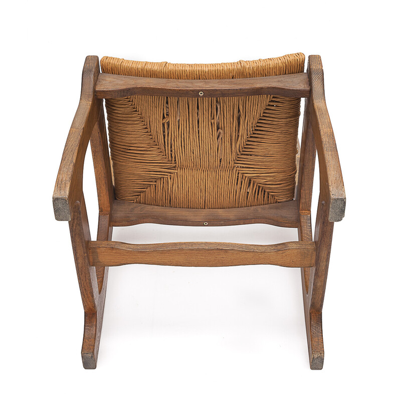 Pair of vintage solid wood and straw chairs by Guillerme and Chambron, 1950