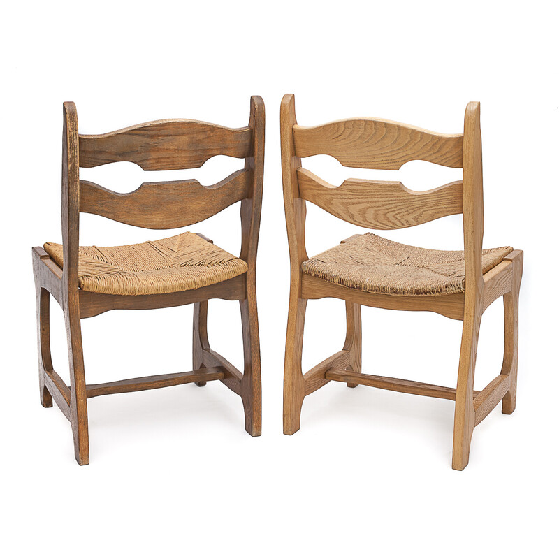 Pair of vintage solid wood and straw chairs by Guillerme and Chambron, 1950