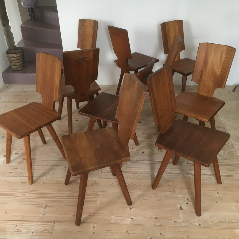 Conjunto de 10 sillas de olmo vintage de Pierre Chapo, 1975