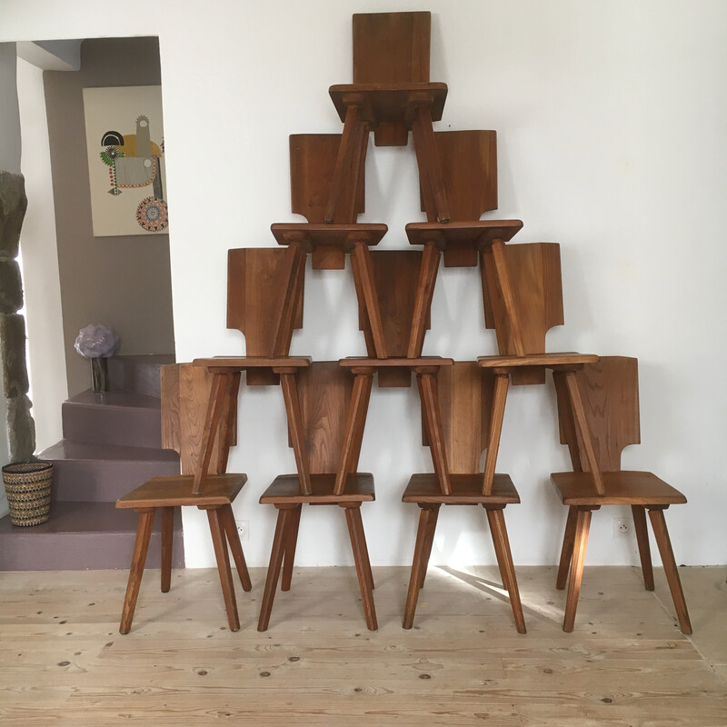 Set of 10 vintage elmwood chairs by Pierre Chapo, 1975