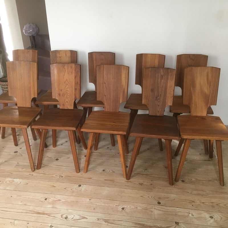 Set of 10 vintage elmwood chairs by Pierre Chapo, 1975