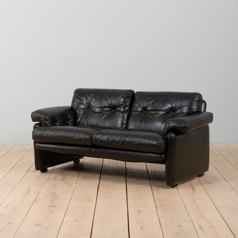 Zweisitziges Coronado-Sofa aus schwarzem Leder von Afra und Tobia Scarpa für C.B Italy, 1960er Jahre