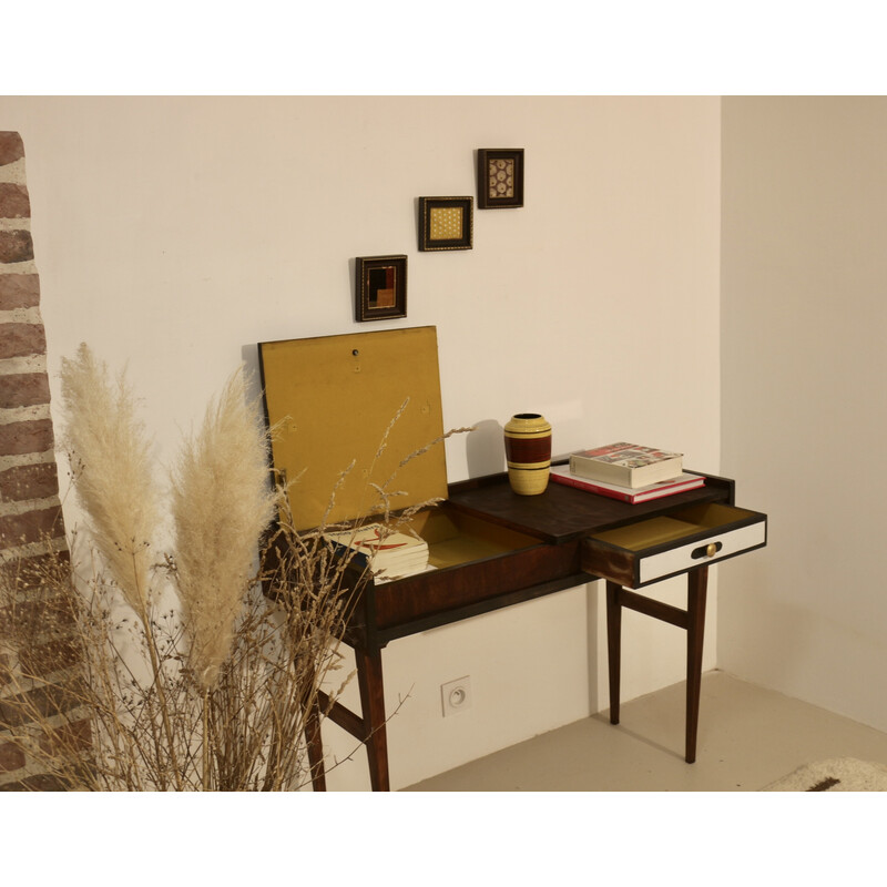 Vintage two-tone black and white console with wooden base