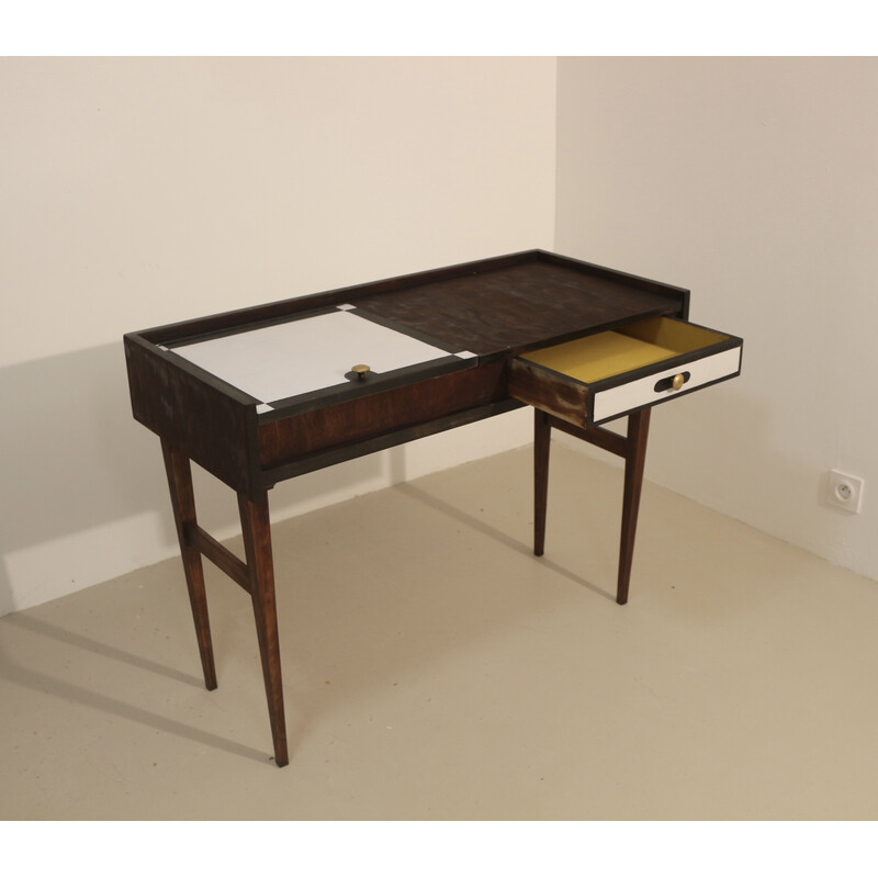 Vintage two-tone black and white console with wooden base