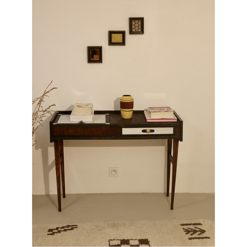 Vintage two-tone black and white console with wooden base