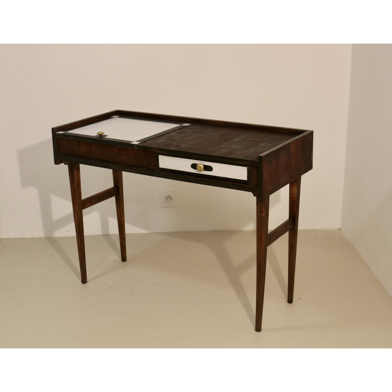 Vintage two-tone black and white console with wooden base