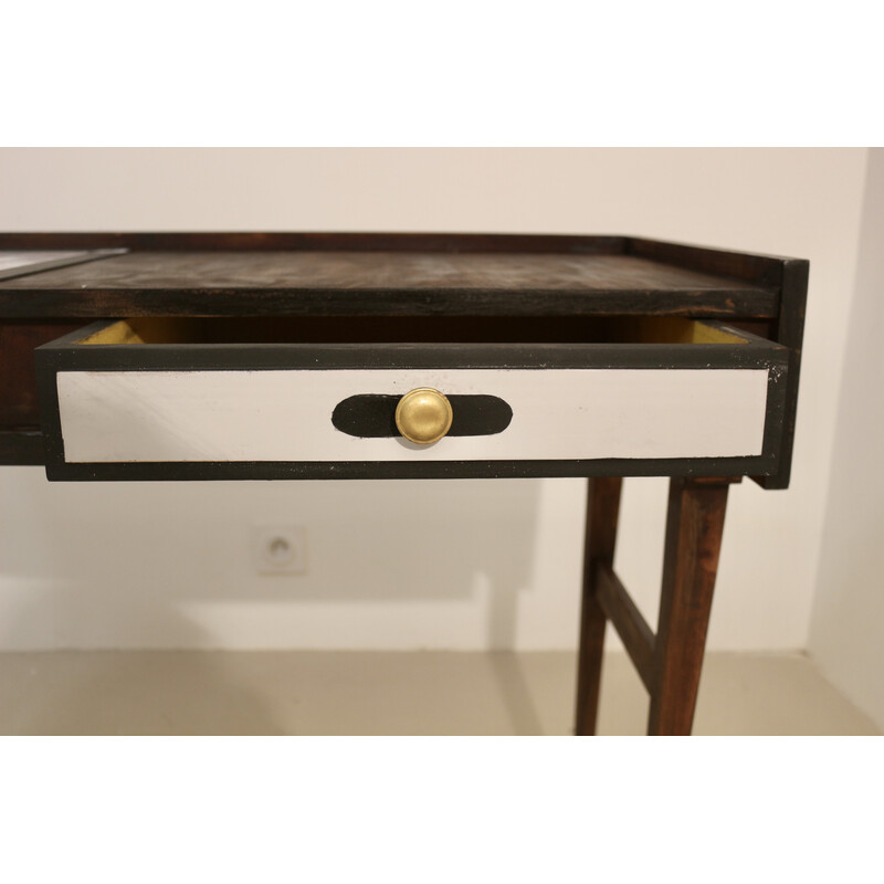 Vintage two-tone black and white console with wooden base