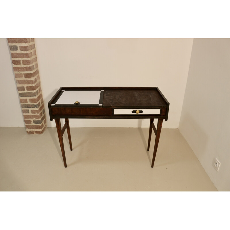 Vintage two-tone black and white console with wooden base