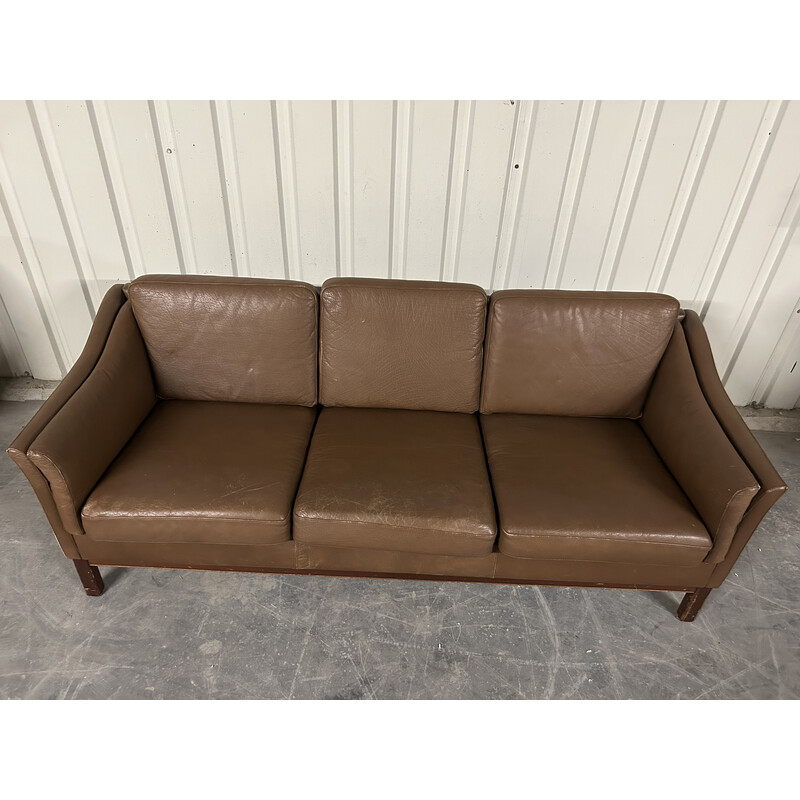Danish vintage brown leather three seater sofa, 1970s