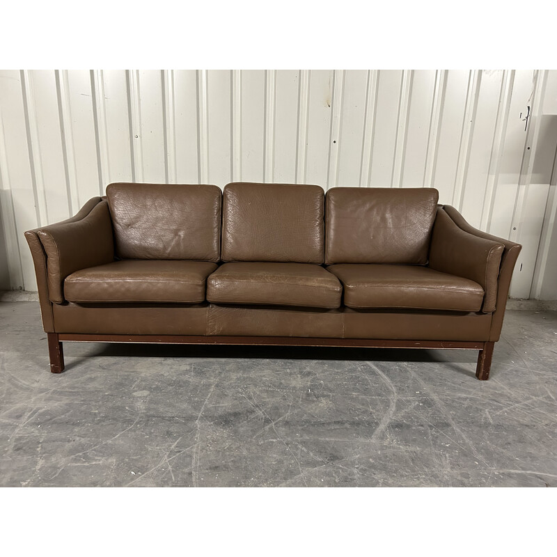 Danish vintage brown leather three seater sofa, 1970s