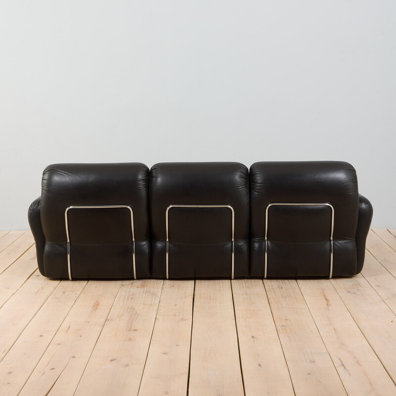 Italian vintage black leather Tufted 3 seater sofa by Adriano Piazzessi, 1970s