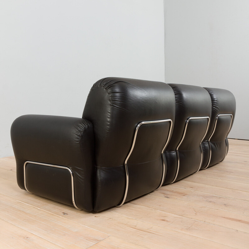 Italienisches vintage schwarzes Leder Tufted 3-Sitzer Sofa von Adriano Piazzessi, 1970er