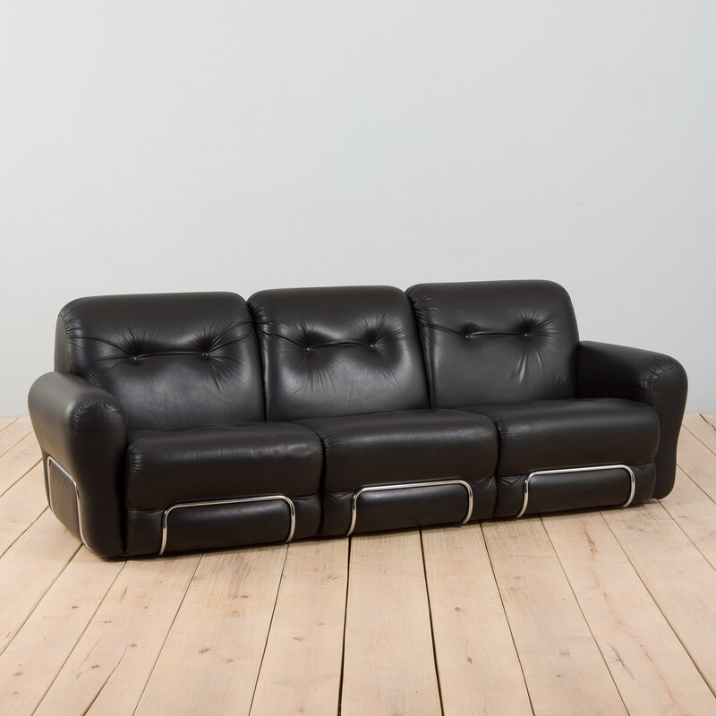 Italian vintage black leather Tufted 3 seater sofa by Adriano Piazzessi, 1970s