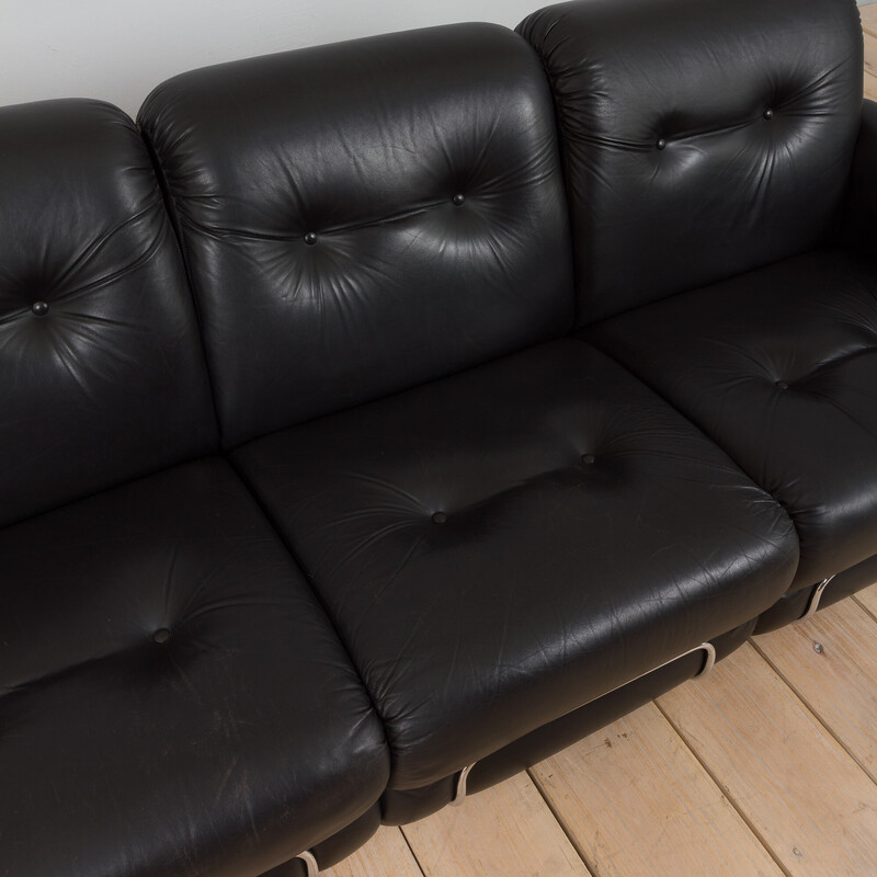 Italian vintage black leather Tufted 3 seater sofa by Adriano Piazzessi, 1970s