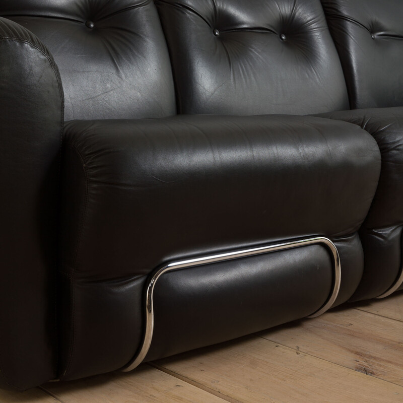 Italian vintage black leather Tufted 3 seater sofa by Adriano Piazzessi, 1970s