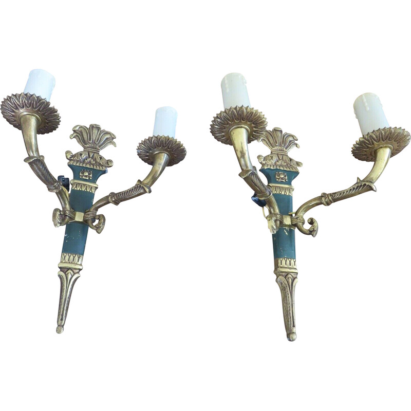 Pair of vintage Lucien Gau wall lamps in solid bronze gilded with bright gold