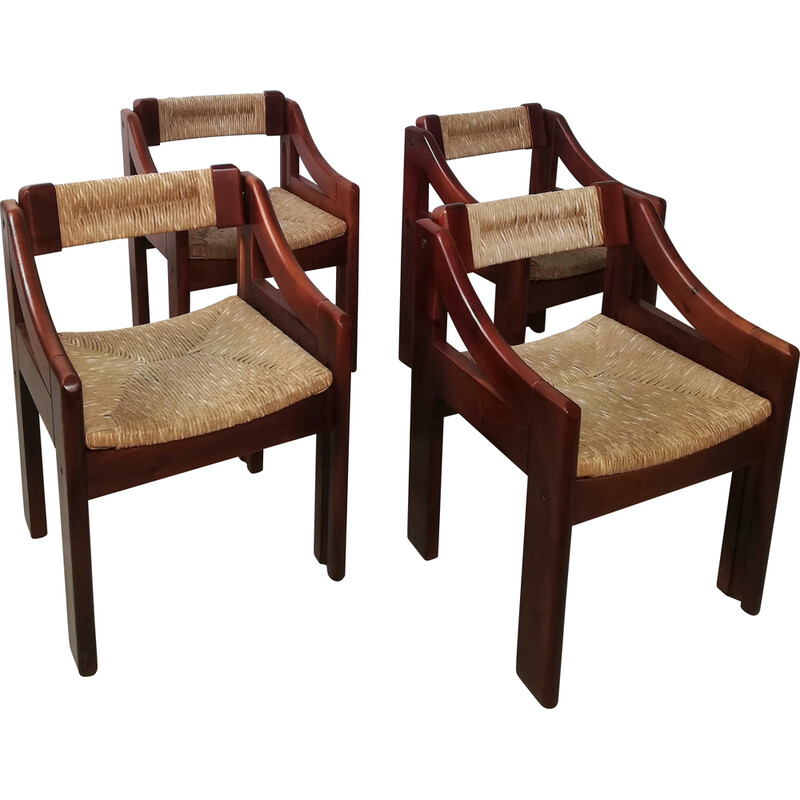 Set van 4 mid-century Brutalistische grenen en stro stoelen van Fratelli Montina, Italië 1960