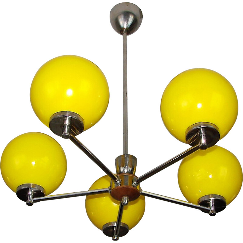 Vintage nickel-plated metal and glass chandelier, 1960s