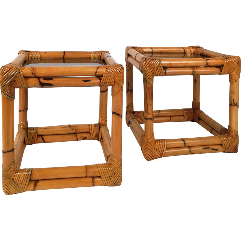 Pair of vintage bamboo, rattan and smoked glass side tables, Italy 1960s-1970s