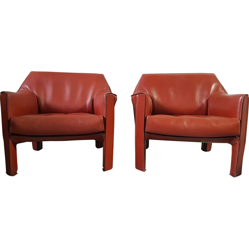 Pair of vintage Cab 415 leather armchairs by Mario Bellini for Cassina