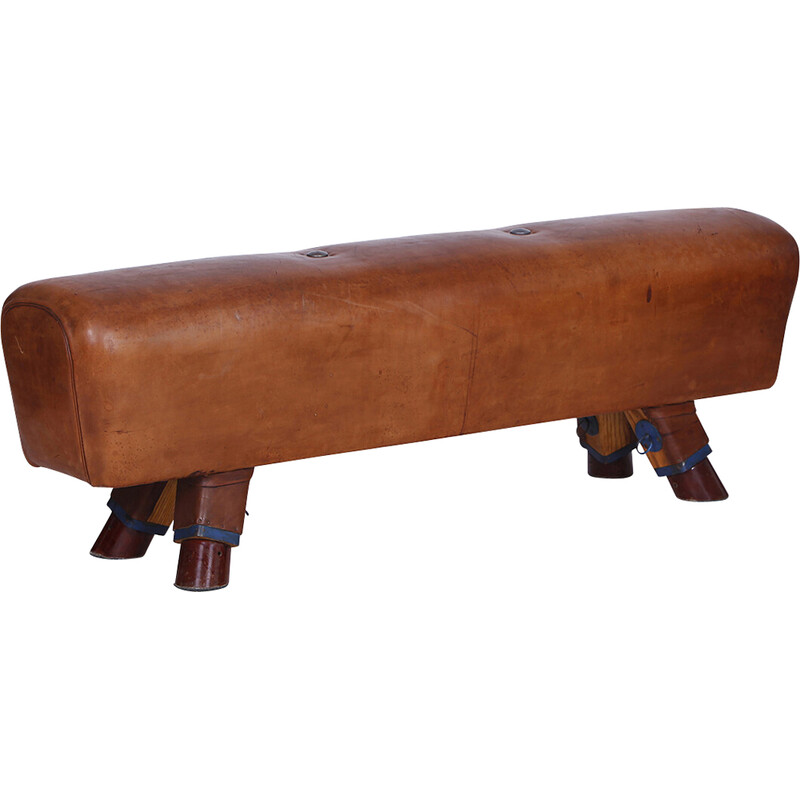 Vintage gymnastic leather pommel horse bench, Czechoslovakia 1930s