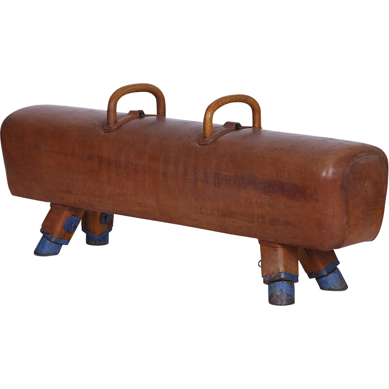 Vintage gymnastic leather pommel horse bench with wooden handles top, Czechoslovakia 1930s