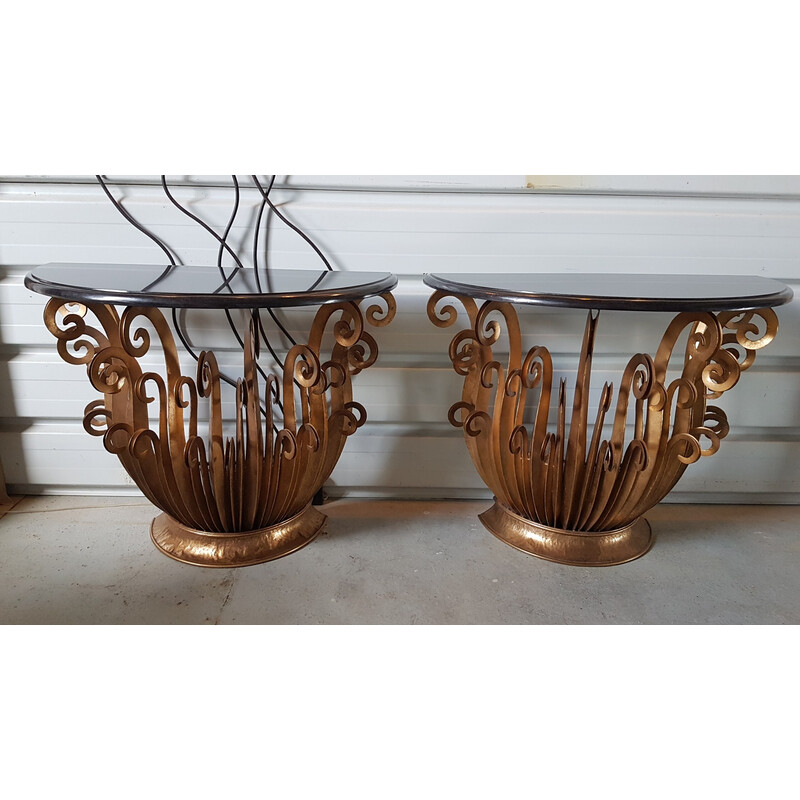 Pair of vintage gold consoles with granite ferns