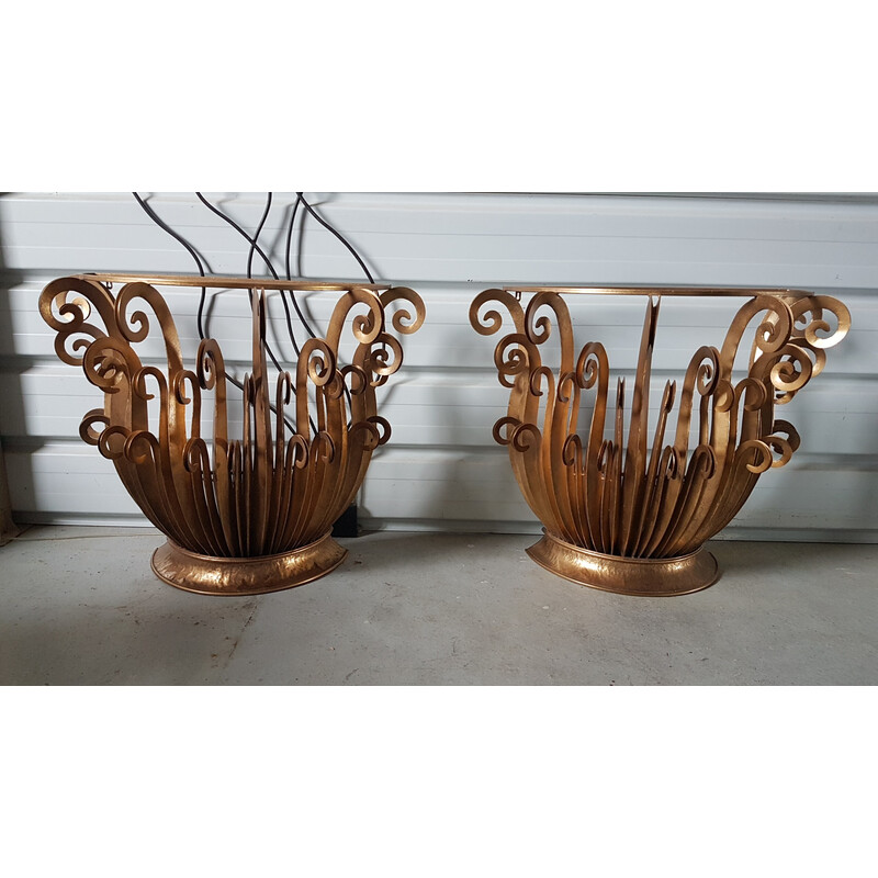 Pair of vintage gold consoles with granite ferns