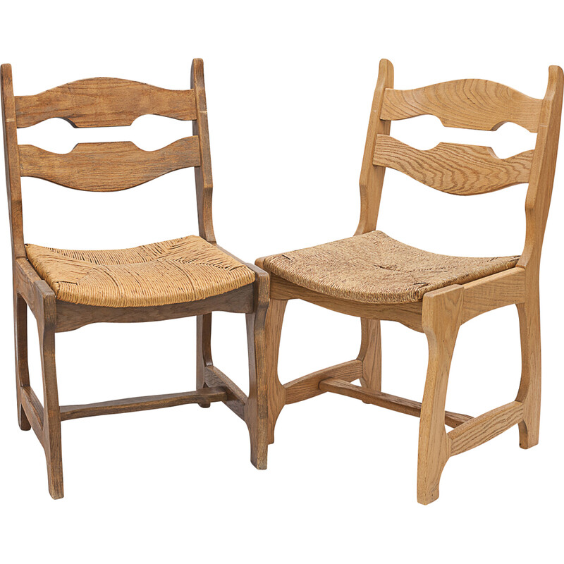 Pair of vintage solid wood and straw chairs by Guillerme and Chambron, 1950