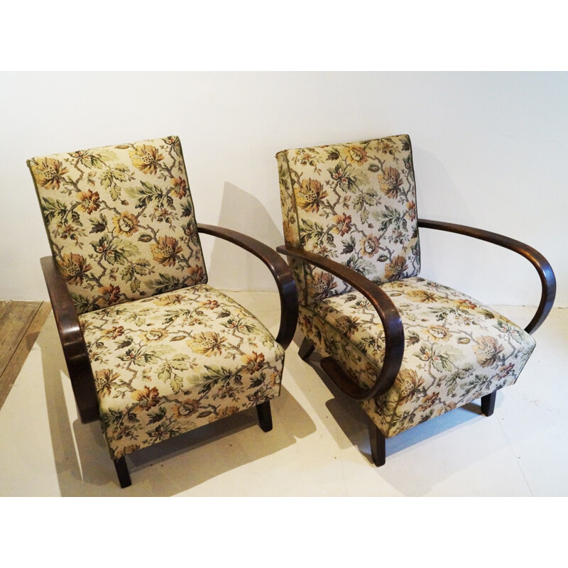 Jindrich Halabala Pair of green beech Easy Chairs - 1940s