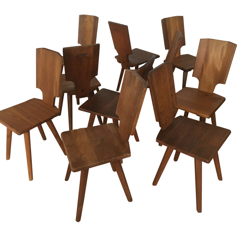 Set of 10 vintage elmwood chairs by Pierre Chapo, 1975