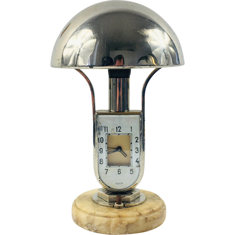 Arrugas enviar termómetro Lámpara de sobremesa Art Decó con reloj despertador integrado de Mofem,  Hungría años 30