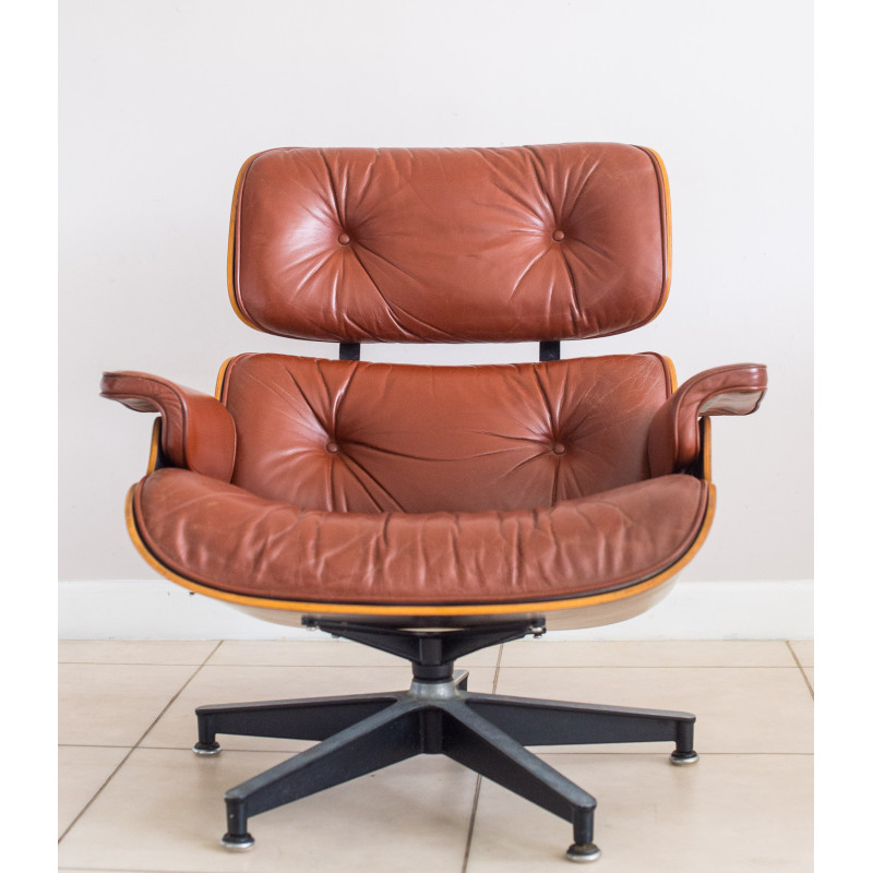 Vintage leather and rosewood Eames armchair by Herman Miller, USA 1970s