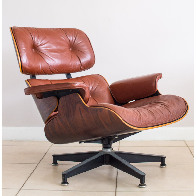 Poltrona Eames vintage in pelle e palissandro di Herman Miller, USA anni '70