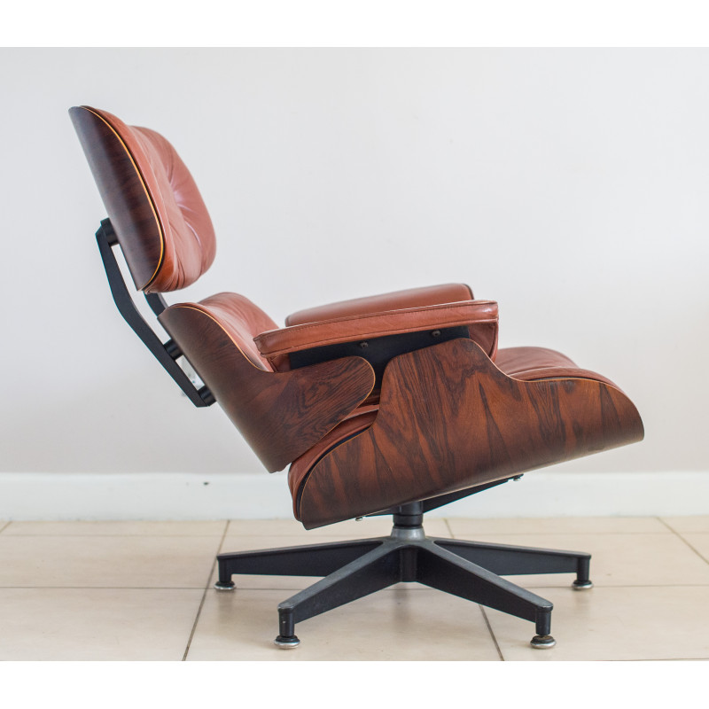 Poltrona Eames vintage in pelle e palissandro di Herman Miller, USA anni '70