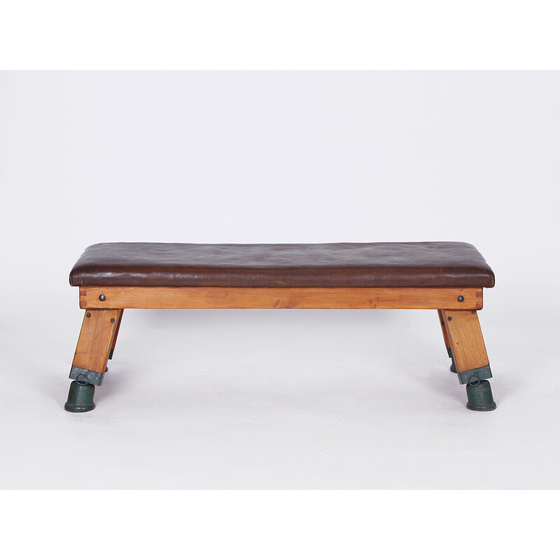 Vintage leather pommel horse gym bench top, 1930s