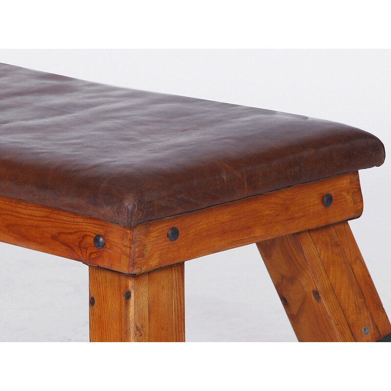 Vintage leather pommel horse gym bench top, 1930s