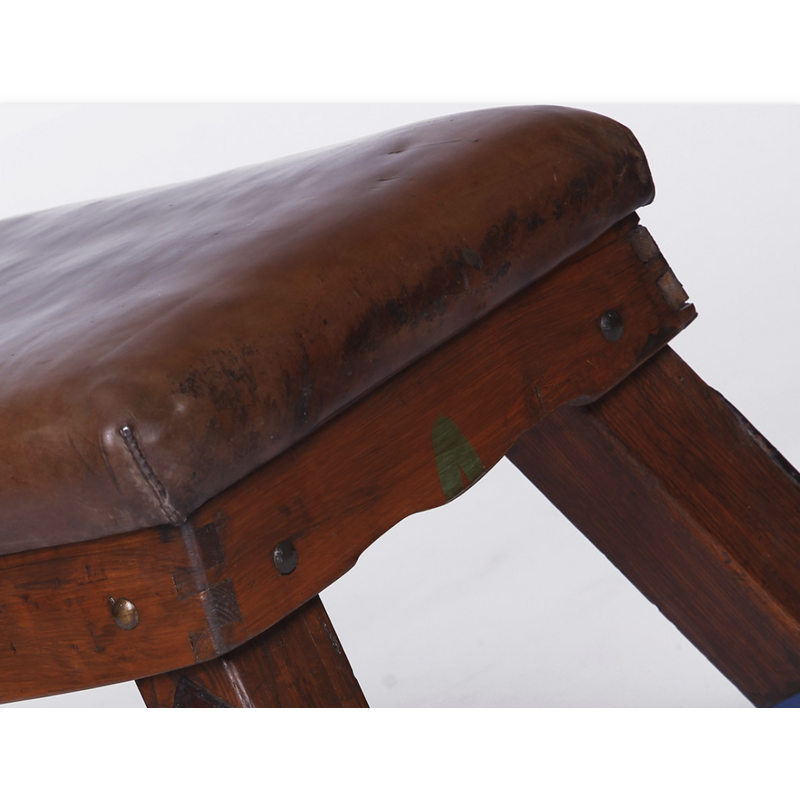 Vintage iron and cowhide gym bench, Prague 1930s