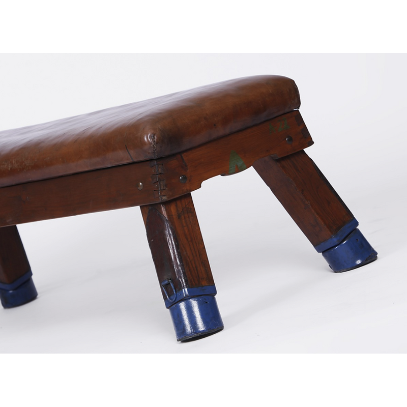 Vintage iron and cowhide gym bench, Prague 1930s