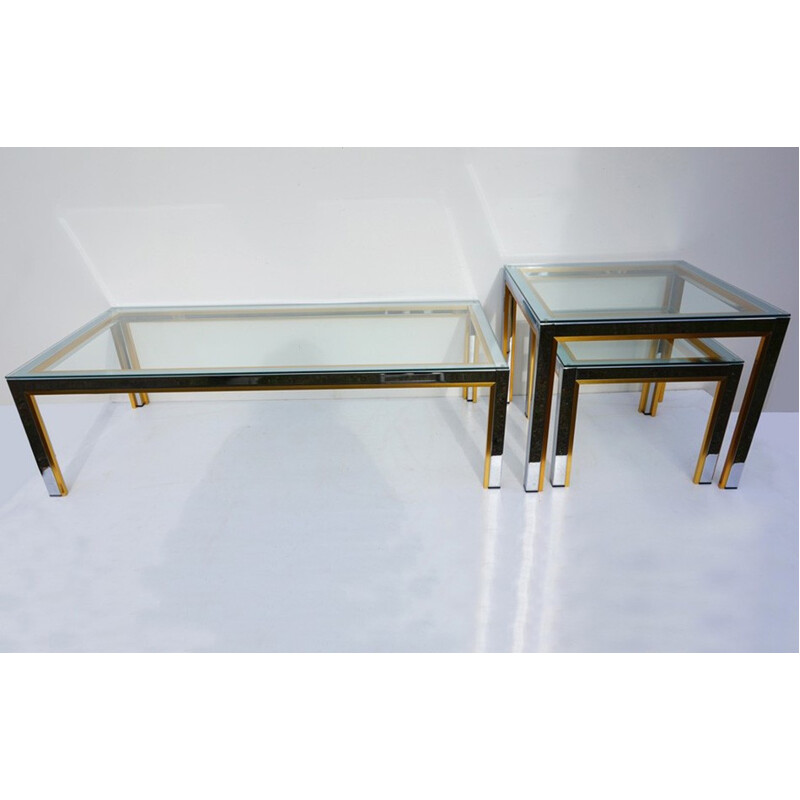 Set of 3 vintage chrome and gold metal coffee tables, 1970