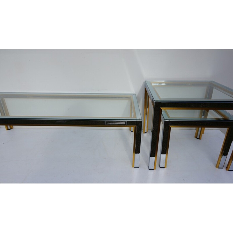 Set of 3 vintage chrome and gold metal coffee tables, 1970