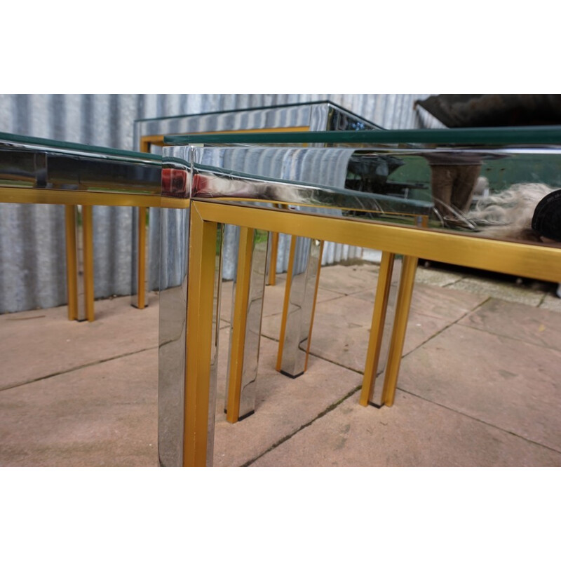 Set of 3 vintage chrome and gold metal coffee tables, 1970