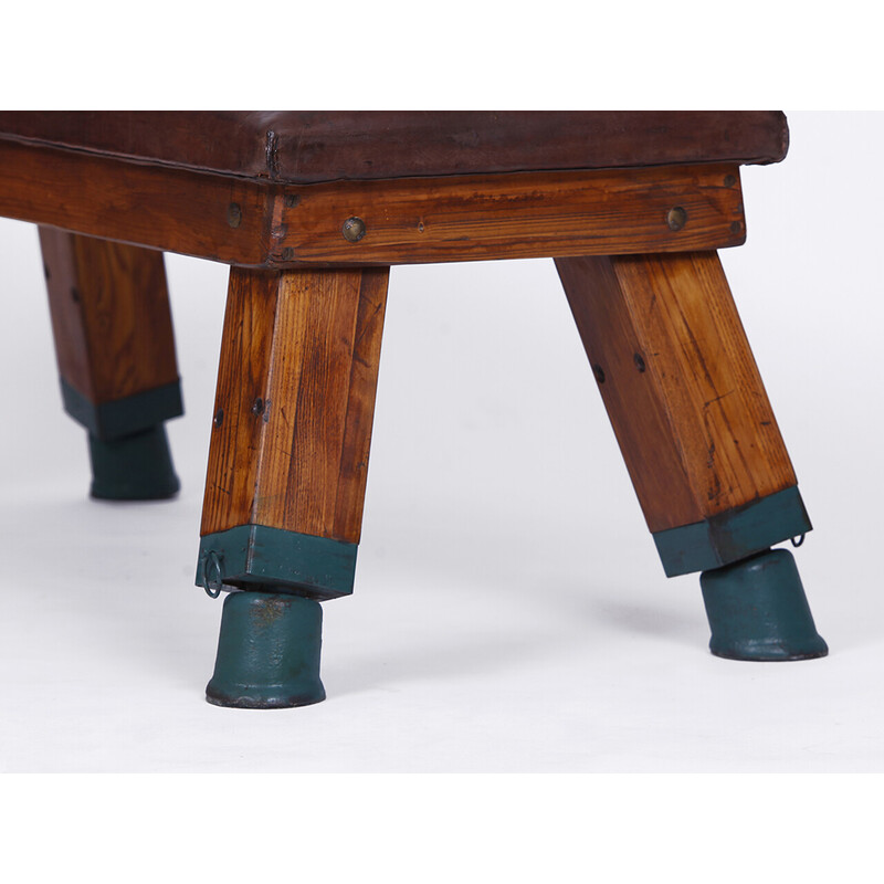 Vintage leather pommel horse gym bench, 1930s