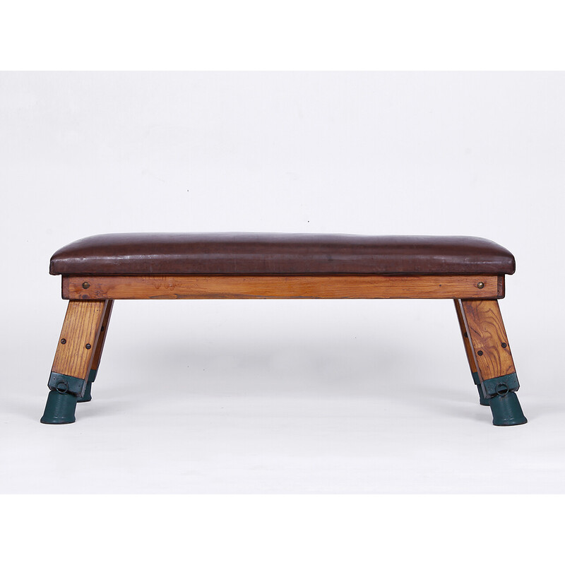 Vintage leather pommel horse gym bench, 1930s