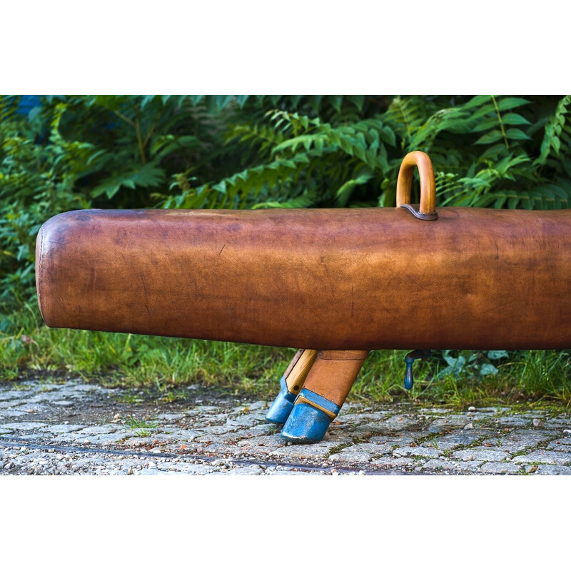Vintage gymnastic leather pommel horse bench with wooden handles, 1920s